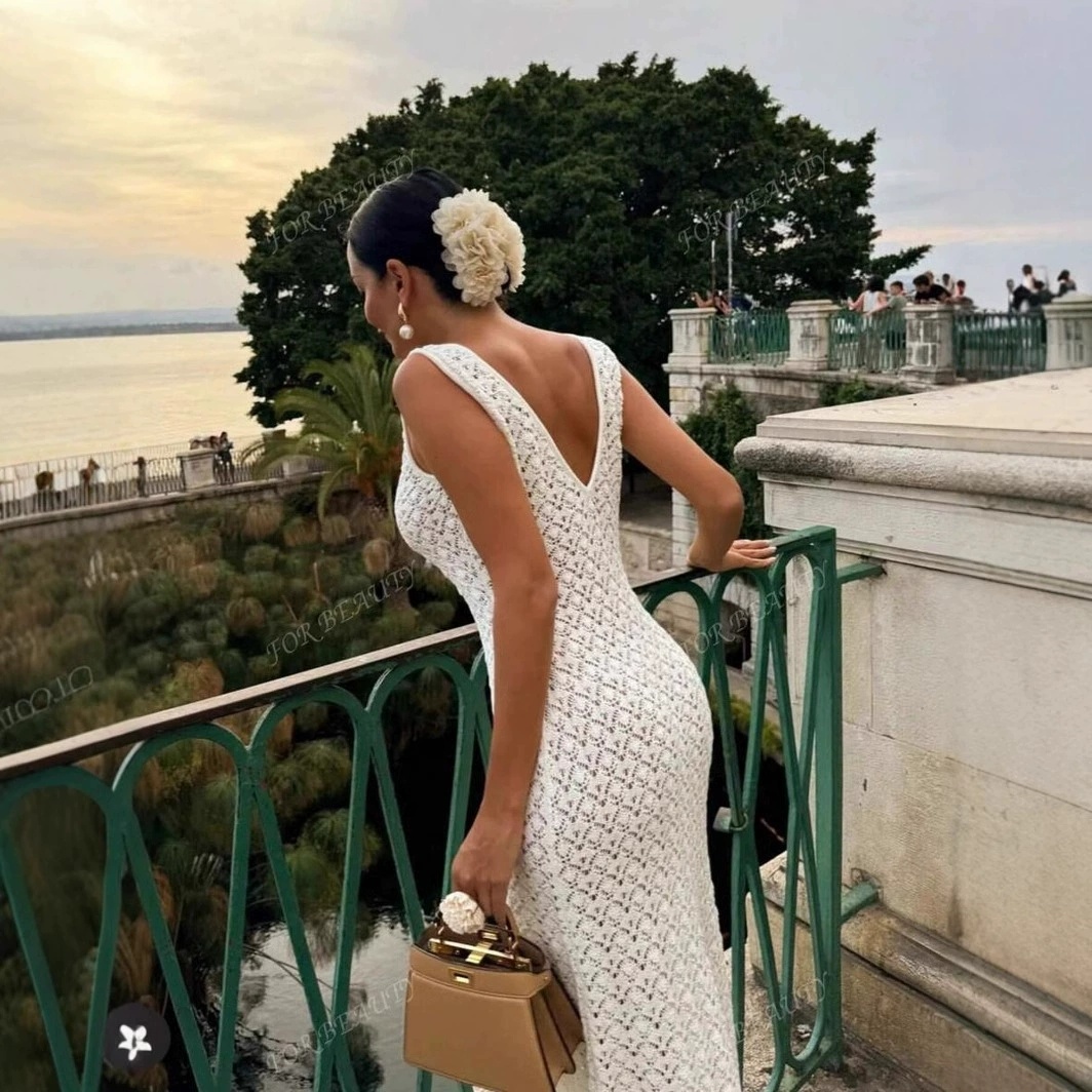 Women Hollow Knitted Beach Dress Summer Sleeveless Slim Cover-up Dress